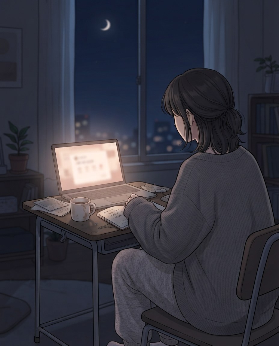 밤, 퇴근 후 노트북 앞에 앉은 사람의 뒷모습