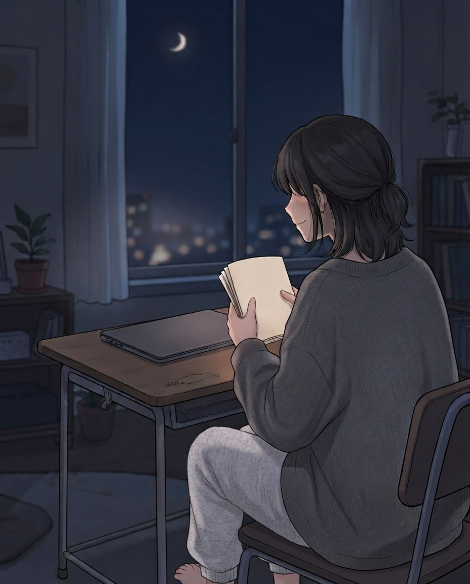 리포트를 들고 창밖 달을 보며 미소 짓는 사람